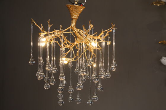 Unique Design Art Indoor Deco Luxury Custom Raindrop Gold Copper Tree Hotel Dining Room Hanging Pendant Lamp Chandelier